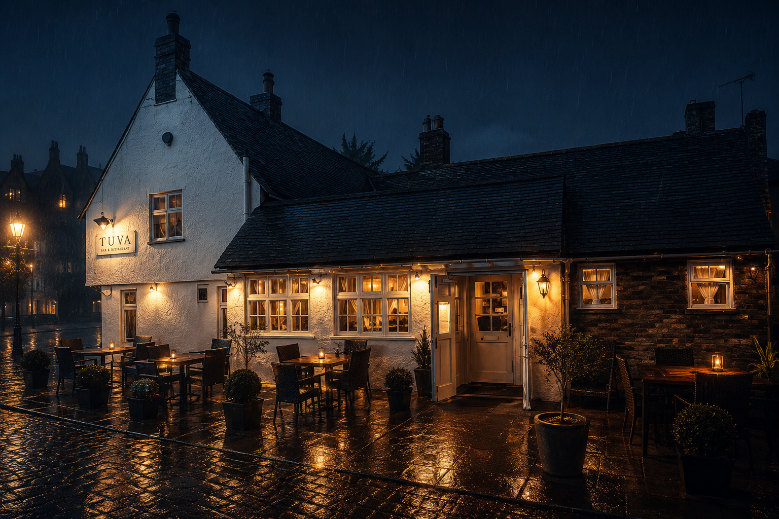 YUVA Fine Fusion restaurant exterior at night